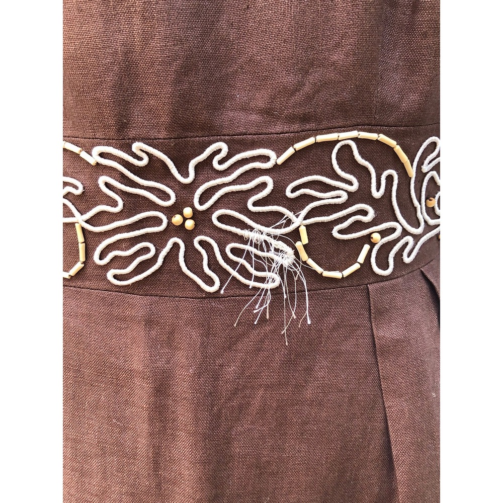 Donna Morgan chocolate brown short sleeve linen dress beaded waist embroidery - Picture 6 of 10